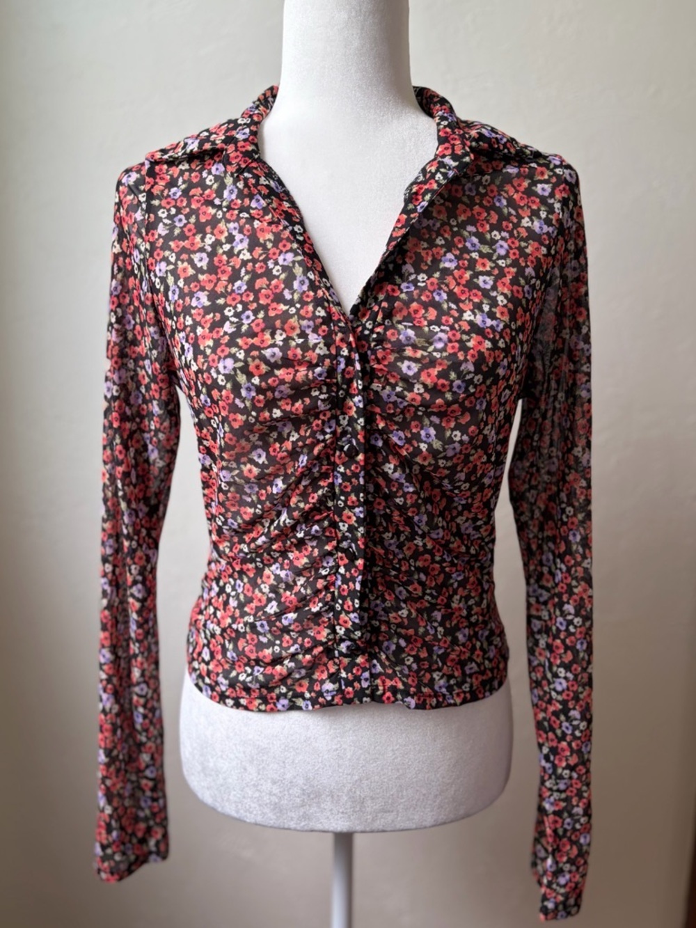 Ember Sheer Floral Ruched Mesh Top Coquette Y2K Long Sleeve M